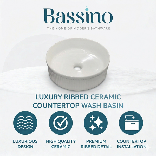 Bassino Round Textured Countertop Wash Basin (14" x 14" x 5") – Modern Ceramic Vanity Sink with Ribbed Exterior