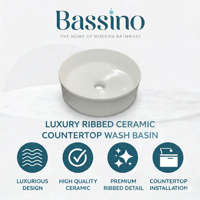 Bassino Round Textured Countertop Wash Basin (14" x 14" x 5") – Modern Ceramic Vanity Sink with Ribbed Exterior