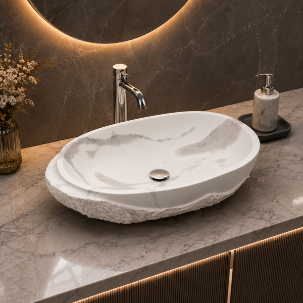 Bassino 21" White Marble Look Artificial Stone Table Top Wash Basin – Matte Oval Countertop Vessel Sink (21" x 13.5" x 5")