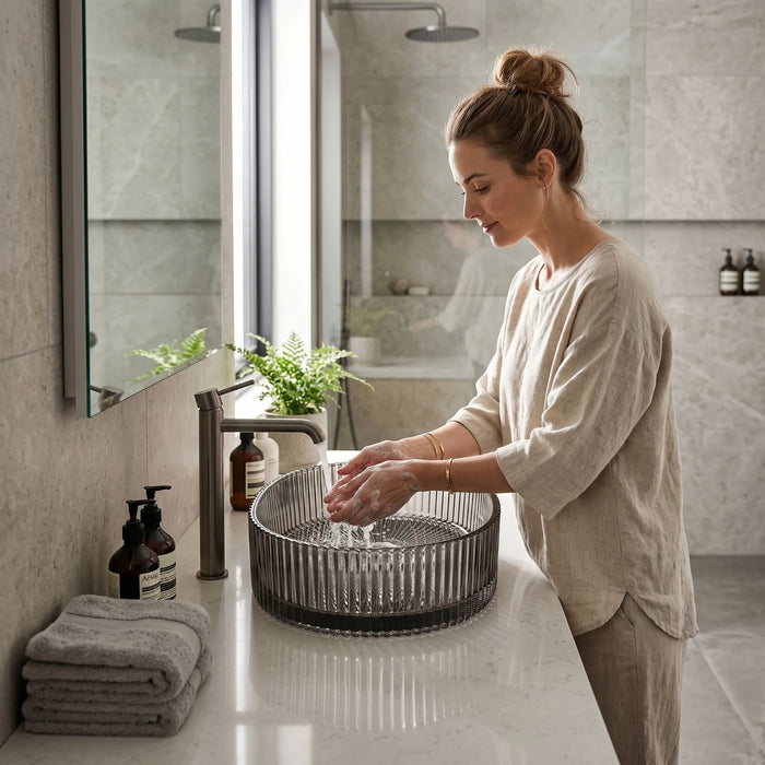 Bassino Modern Transparent Glass Wash Basin | Stylish Countertop Wash Basin for Bathroom–525x350x155 mm Black