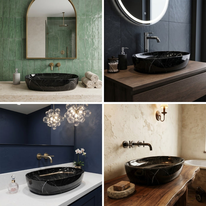 Bassino Oval Black Marble Countertop Wash Basin – Premium Ceramic Vessel Sink (23.6" x 15" x 5.5")