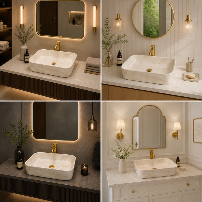 Bassino Marble Finish Rectangular Countertop Wash Basin – Premium Designer Vessel Sink (500 x 340 x 120 mm)