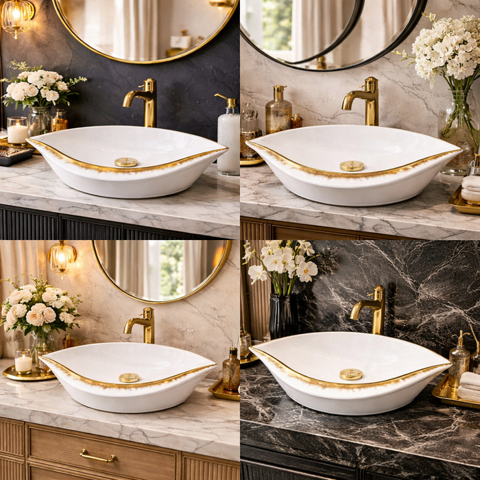 Bassino Luxury Designer Curve Countertop Wash Basin (20" x 16" x 5.5") – Ceramic Sink with Handcrafted Gold Rim Finish