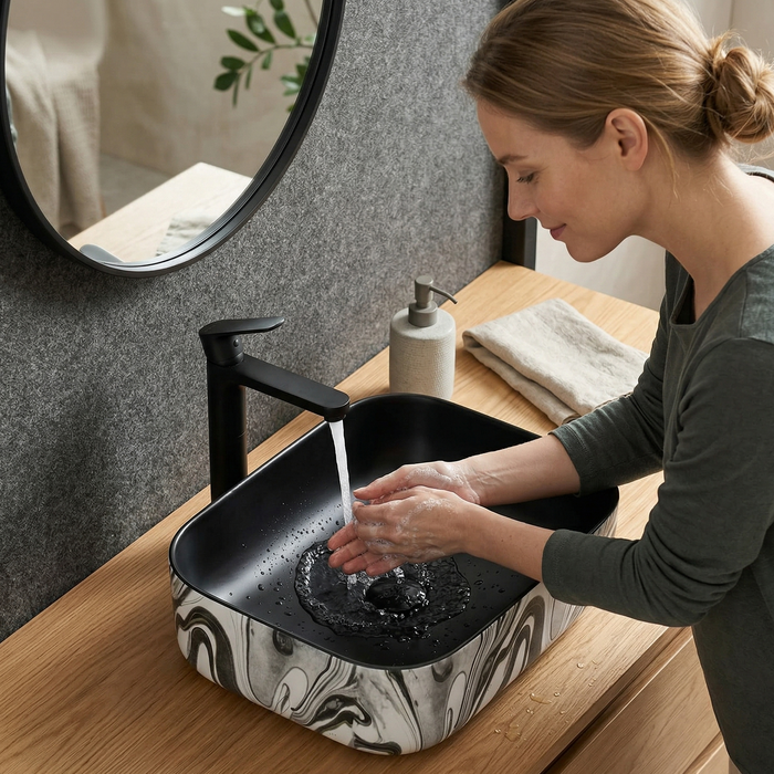 Bassino Square Black Marble Finish Ceramic Countertop Wash Basin | Modern Designer Vanity Sink, 16 x 12 x 6 Inch