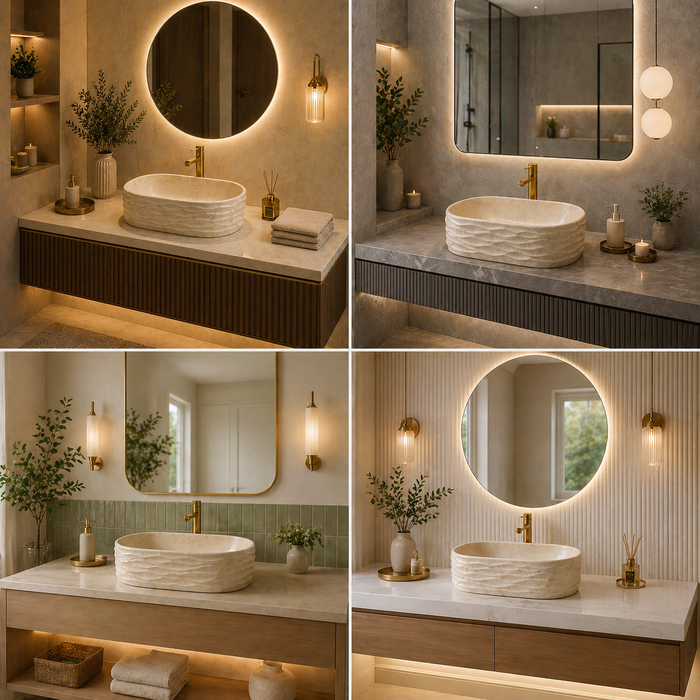Bassino 20" Marble Finish Oval Ceramic Countertop Wash Basin – Designer Vessel Sink (20" x 12" x 6")
