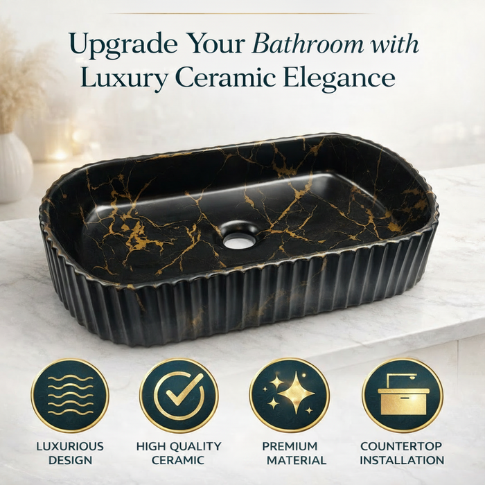 Luxury Oval Black Marble Finish Ceramic Countertop Wash Basin | Fluted Designer Vanity Sink