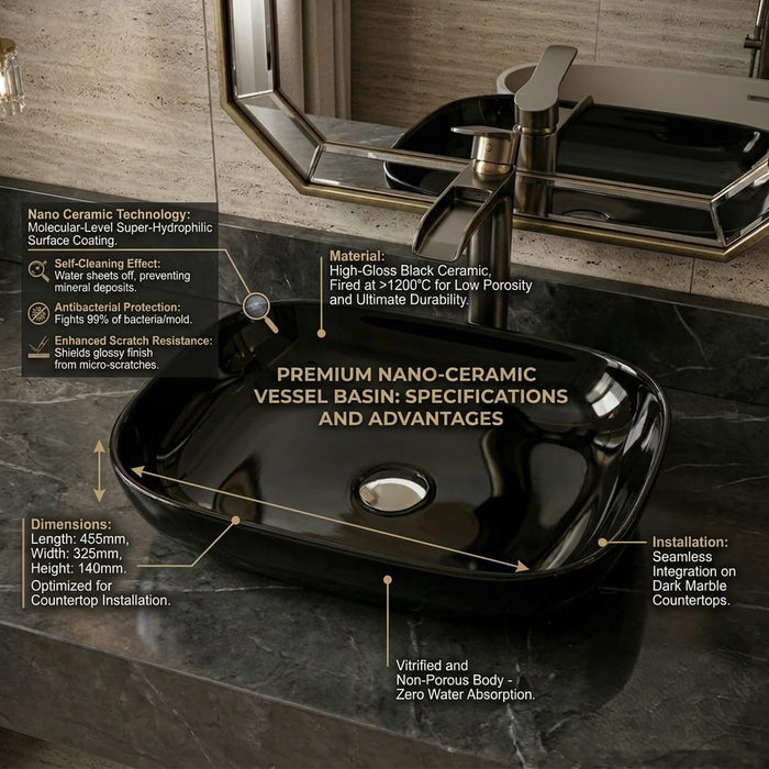 BASSINO Midnight Onyx Glossy Black Ceramic Vessel Sink (18 x 13 x 6 Inches)