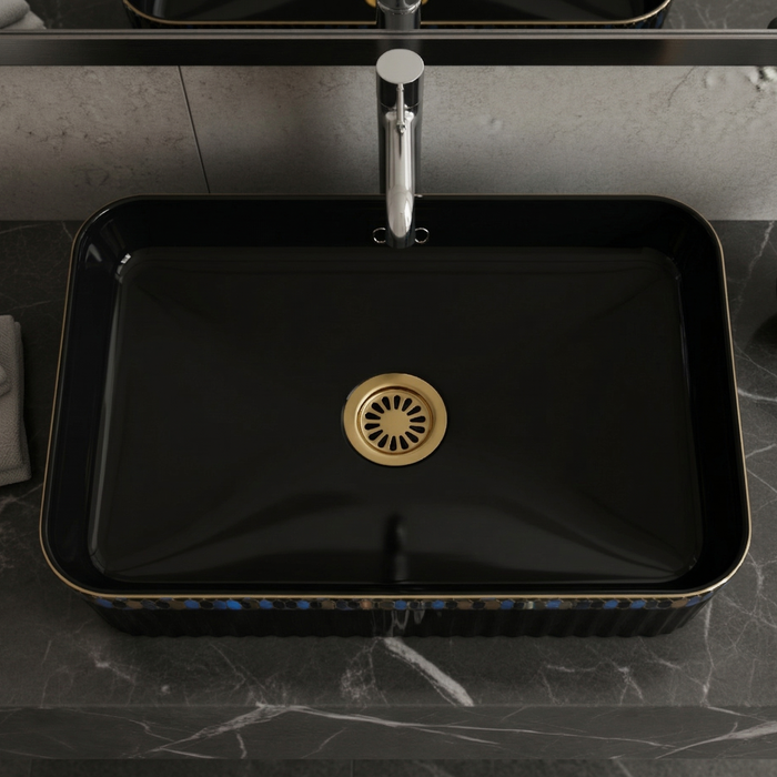 Bassino Luxury Designer Counter Top Wash Basin | Premium Rectangular Table Top Basin | Approx. 24 × 14 × 6 Inches Black