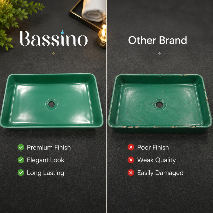 Bassino 24" Green Rectangular Countertop Wash Basin – Modern Luxury Ceramic Vessel Sink (23.6" x 13.8" x 4.3")