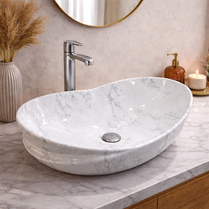 Bassino Luxury Designer Counter Top Wash Basin | 20x13x7Inch | White Marble | Glossy