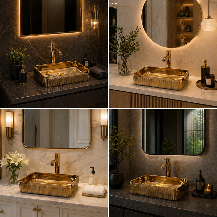 Luxury Rose Gold Countertop Wash Basin | Designer Rectangular Table Top Basin | (19" × 13" × 4" In)
