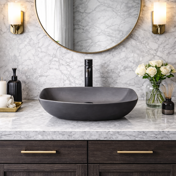 BASSINO Slate Matte Black Boat-Style Vessel Sink (18 x 13 x 5 Inches)