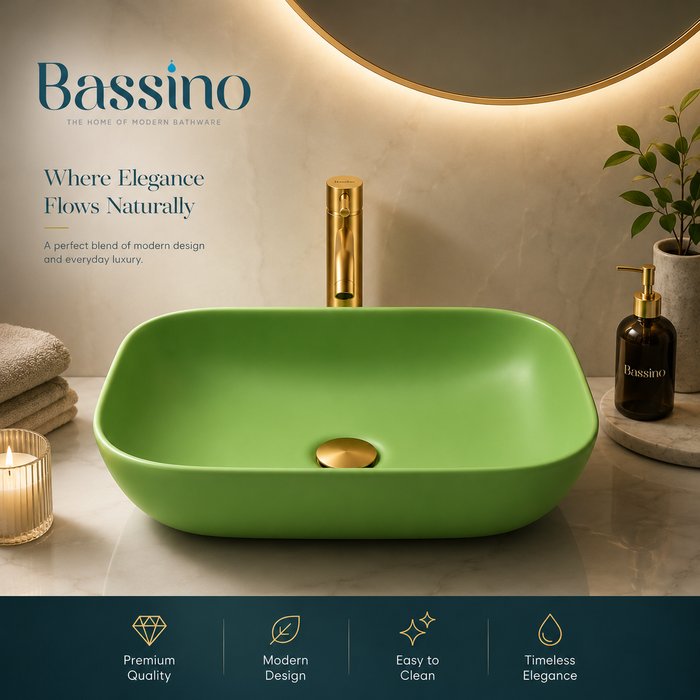 Bassino Matte Green Countertop Wash Basin – Modern Oval Ceramic Vessel Sink (17.9" x 12.8" x 5.5")