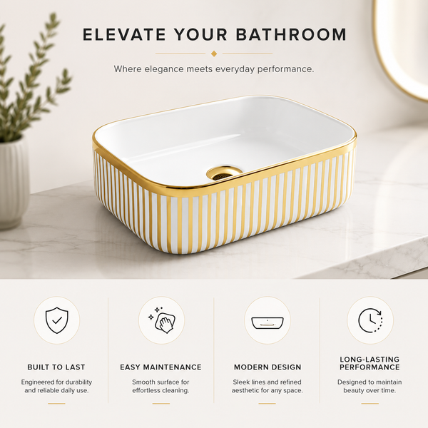 Designer Countertop Wash Basin | 16 × 12 × 6 Inch Luxury Bathroom Basin | Gold & Rose Gold Finish Variants Gold