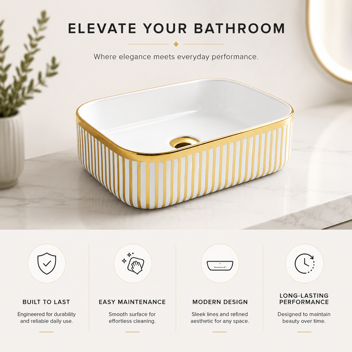Designer Countertop Wash Basin | 16 × 12 × 6 Inch Luxury Bathroom Basin | Gold & Rose Gold Finish Variants Gold