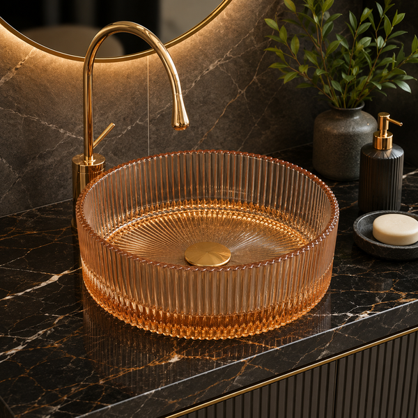 Bassino 16" Luxury Ribbed Glass Countertop Wash Basin – Premium Amber Gold Round Designer Vessel Sink (15.7" x 15.7" x 4.7")