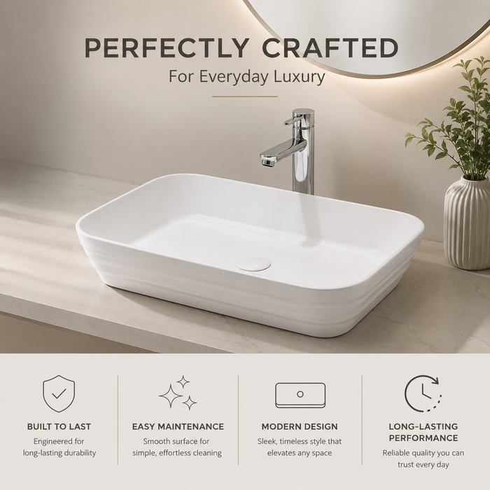Rectangular Countertop Wash Basin | 20 × 14 × 5 Inches Designer Bathroom Sink – Glossy & Matte Finish White