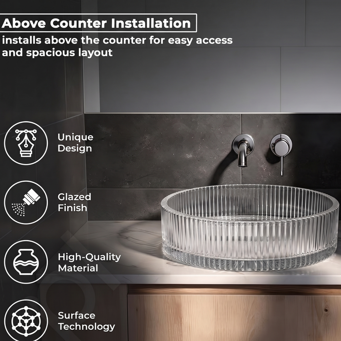 Bassino Modern Transparent Glass Wash Basin | Stylish Countertop Wash Basin for Bathroom–395x395x160 mm Clear