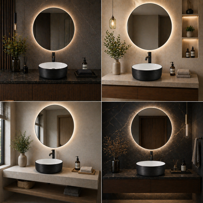 Bassino 16" Round Countertop Wash Basin – Black & White Luxury Ceramic Vessel Sink (15.7" x 15.7" x 5.5")