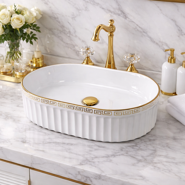 BASSINO Olympian Greco-Roman Fluted Vessel Sink (22 x 14 x 6 Inches)