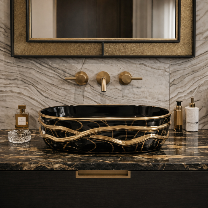 BASSINO Gilded Obsidian Abstract Vessel Sink (20 x 14 x 6 Inches)