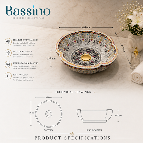 Bassino Designer Table Top Wash Basin– 16.5 × 16.5 × 6 Inches | Imported Luxury Basin