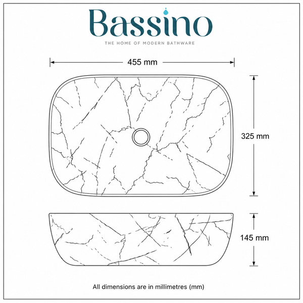Bassino Marble Vein Ceramic Countertop Wash Basin – Designer Rectangular Vessel Sink (455 x 325 x 145 mm)