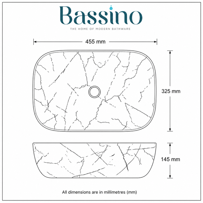 Bassino Marble Vein Ceramic Countertop Wash Basin – Designer Rectangular Vessel Sink (455 x 325 x 145 mm)