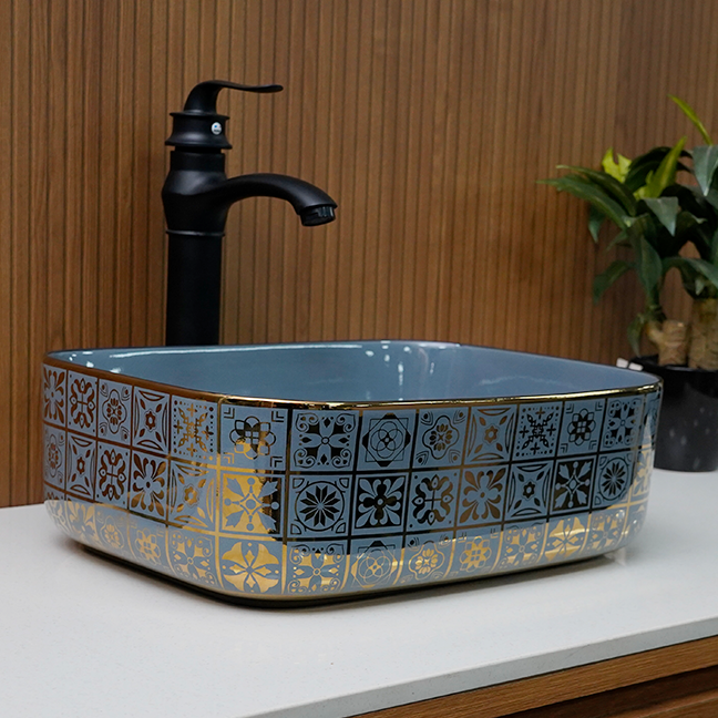 Designer Table Top Basin (16 x 12 x 6 In) BTT-11371-IN,Grey-Gold