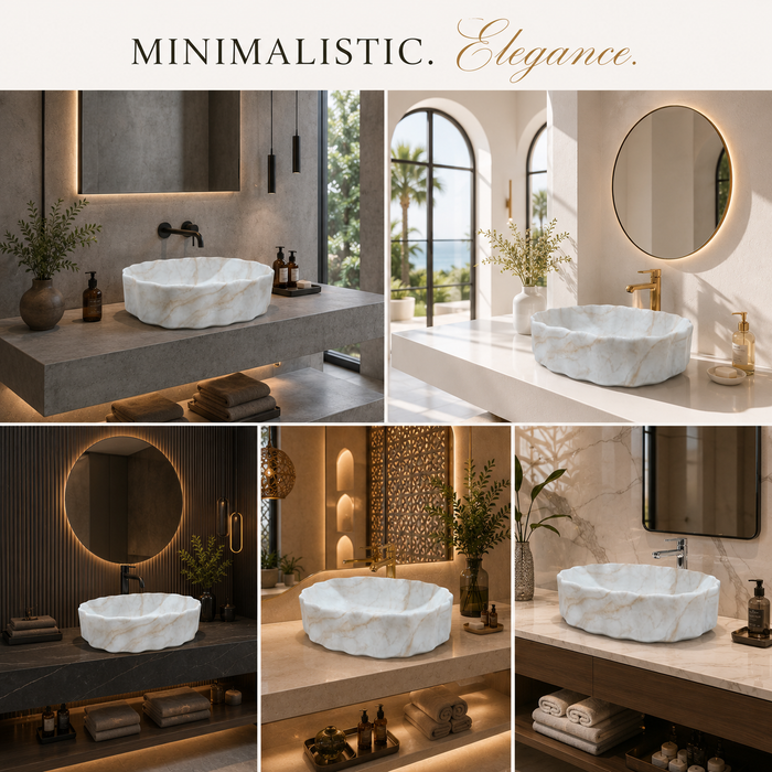White Marble Design Ceramic Countertop Wash Basin – Luxury Unique Shape Table Top Basin (20" x 15" x 5.5")
