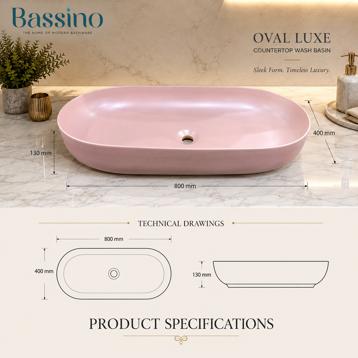 Bassino Oval Table Top Wash Basin | Premium Countertop Ceramic Bathroom Sink | Matte Pink Vessel Basin | 31 x 16 x 5 Inch