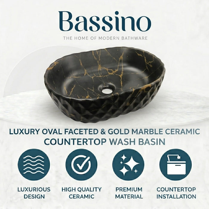 Bassino Black Marble Oval Countertop Wash Basin – Geometric Textured Ceramic Vessel Sink (20" x 13" x 5")