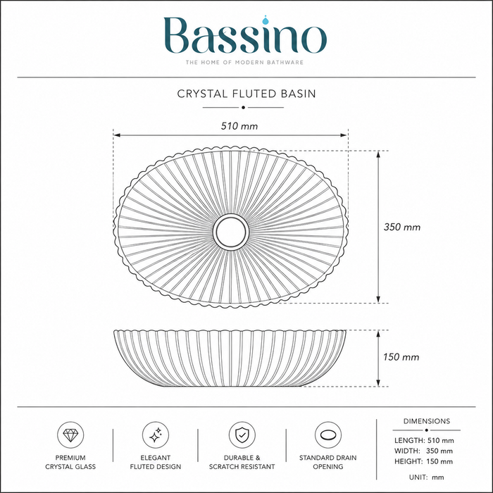 Bassino 20" Luxury Crystal Fluted Glass Countertop Wash Basin – Premium Smoky Black Oval Designer Vessel Sink (20.1" x 13.8" x 5.9")