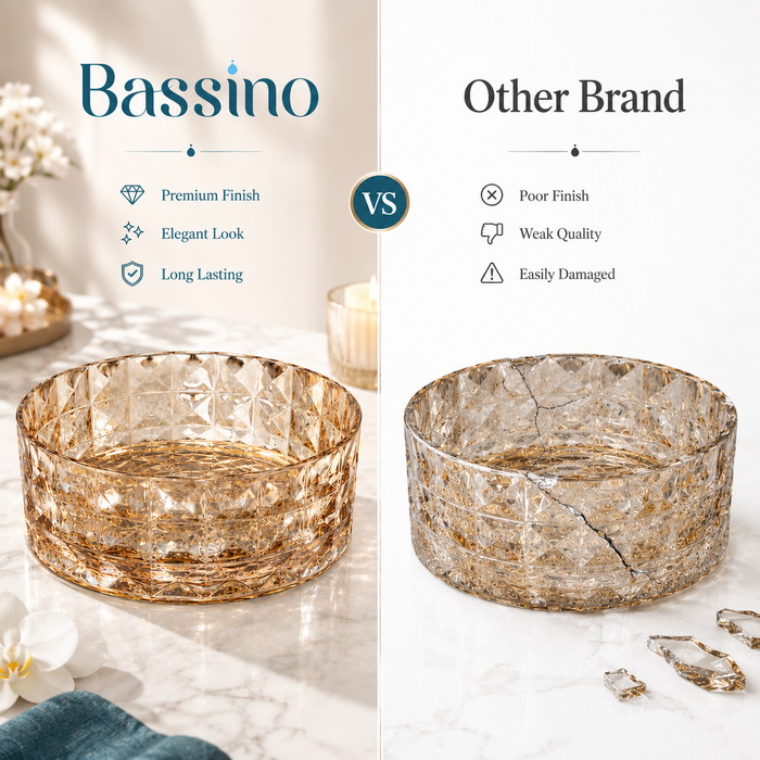 Bassino 12" Amber Faceted Glass Countertop Wash Basin – Luxury Round Vessel Sink (12" x 12" x 5")