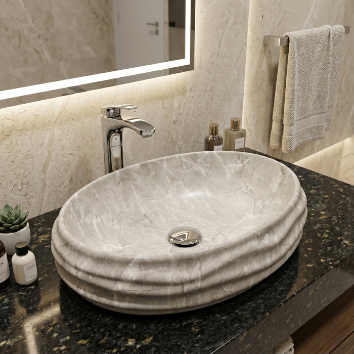 Glossy Marble Oval Countertop Wash Basin | (22" × 14.5" × 6.1" IN) Matt Marble Grey