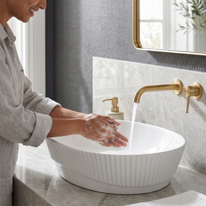 Bassino Textured Oval Countertop Wash Basin (19" x 13" x 6") – Premium Ceramic Sink with Ribbed Exterior Design