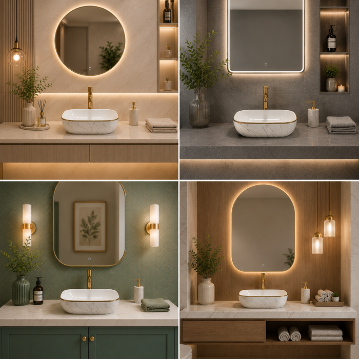 Bassino Marble Finish Table Top Wash Basin | Premium Countertop Ceramic Bathroom Sink | White Basin with Gold Rim 18 x 13 x 5 Inch