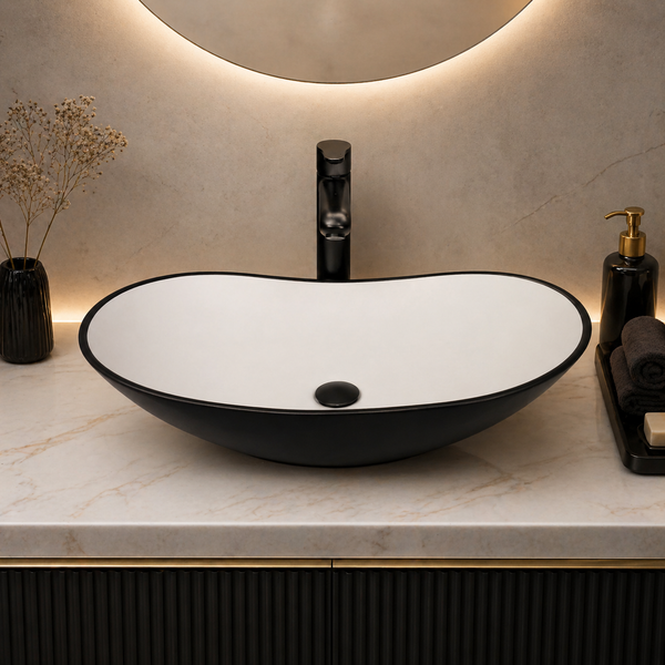 Bassino 25" Dual-Tone Oval Ceramic Countertop Wash Basin – Black Exterior & White Interior Vessel Sink (625 x 370 x 140 mm)