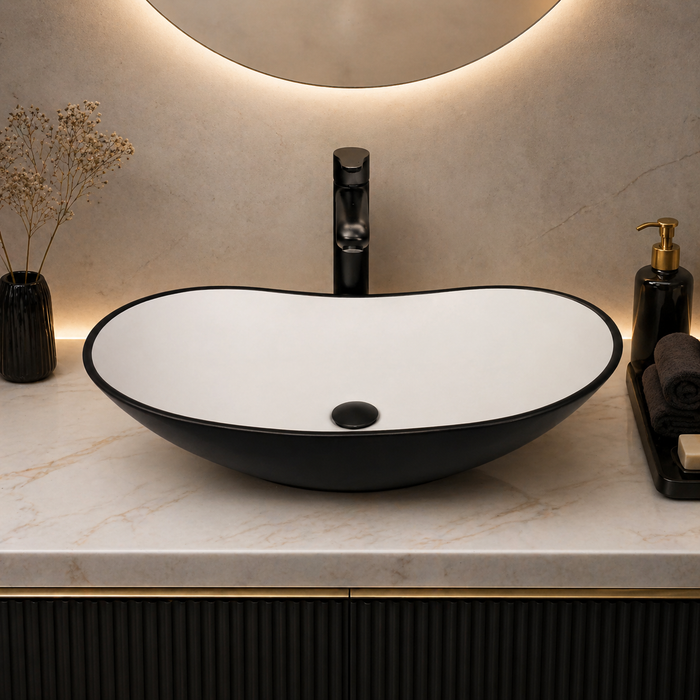 Bassino 25" Dual-Tone Oval Ceramic Countertop Wash Basin – Black Exterior & White Interior Vessel Sink (625 x 370 x 140 mm)