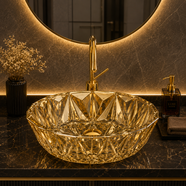 Bassino 16" Luxury Crystal Cut Countertop Wash Basin – Premium Golden Glass Designer Vessel Sink (15.9" x 15.9" x 5.1")