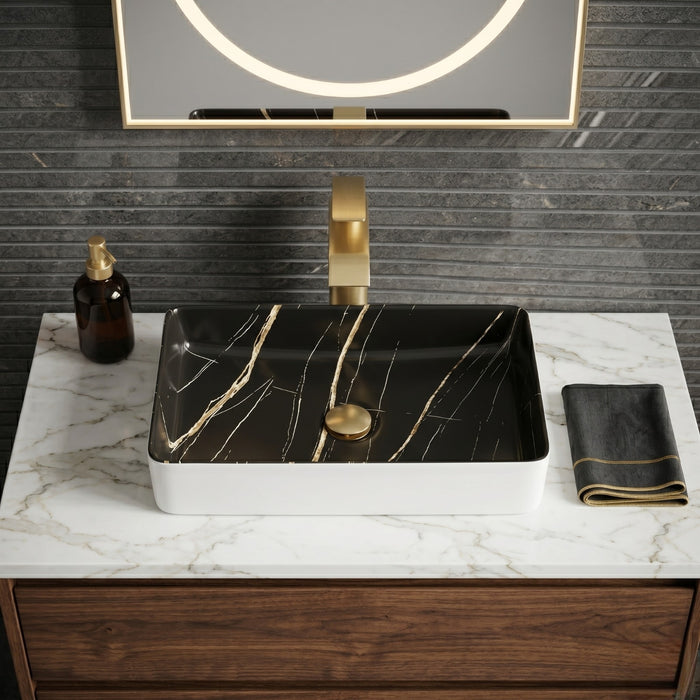 Bassino Luxury Rectangular Countertop Wash Basin – Black Marble Finish Ceramic Vessel Sink (23.6" x 13.8" x 4.3")