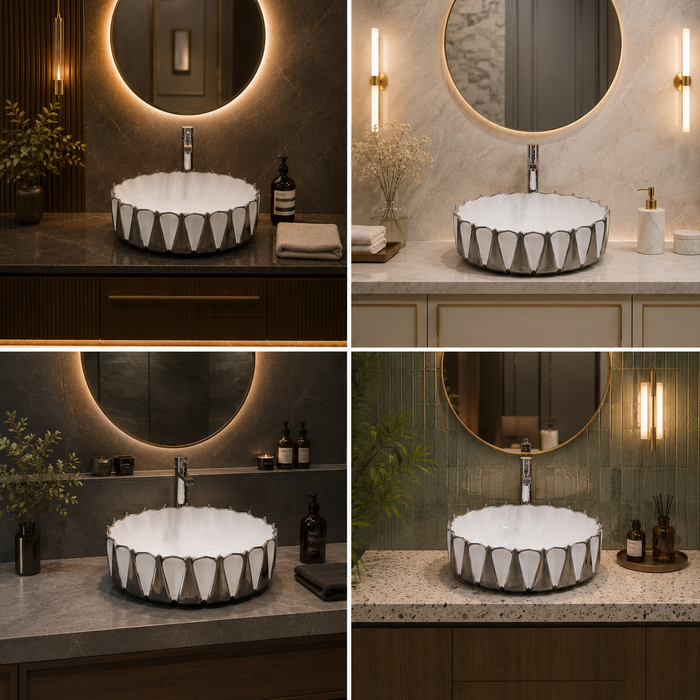 Bassino 17" Luxury White & Chrome Faceted Ceramic Countertop Wash Basin – Designer Round Vessel Sink (16.5" x 15" x 7")