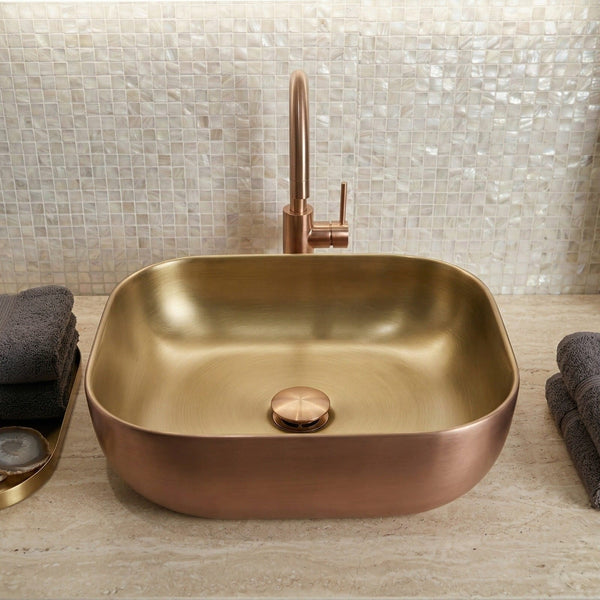 Luxury Counter Top Wash Basin | Matte Rectangle Table Top Basin | 18x13x5.8 Inch | Gold With Bronze