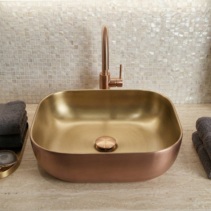 Luxury Counter Top Wash Basin | Matte Rectangle Table Top Basin | 18x13x5.8 Inch | Gold With Bronze
