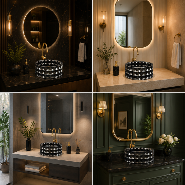Bassino 12" Luxury Crystal Cut Glass Countertop Wash Basin – Premium Smoky Black Designer Vessel Sink (11.8" x 11.8" x 5.1")