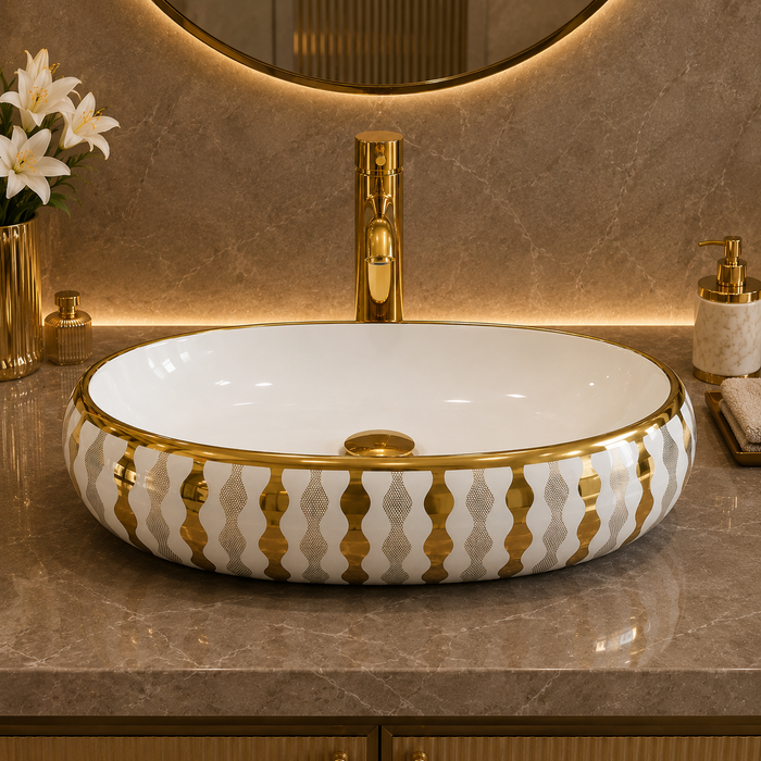 Bassino Oval Designer Countertop Wash Basin – Luxury White & Gold Ceramic Vessel Sink (23.6" x 15.7" x 5.9")