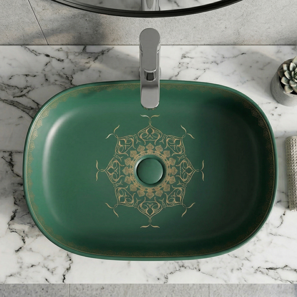 Designer Ceramic Wash Basin Moroccan design | 21 x 14 x 6 In | Green