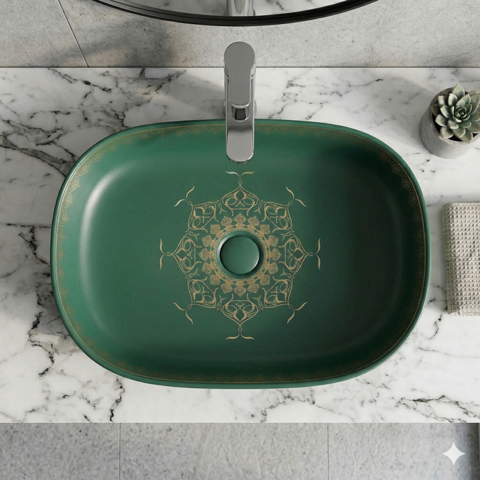 Designer Ceramic Wash Basin Moroccan design | 21 x 14 x 6 In | Green