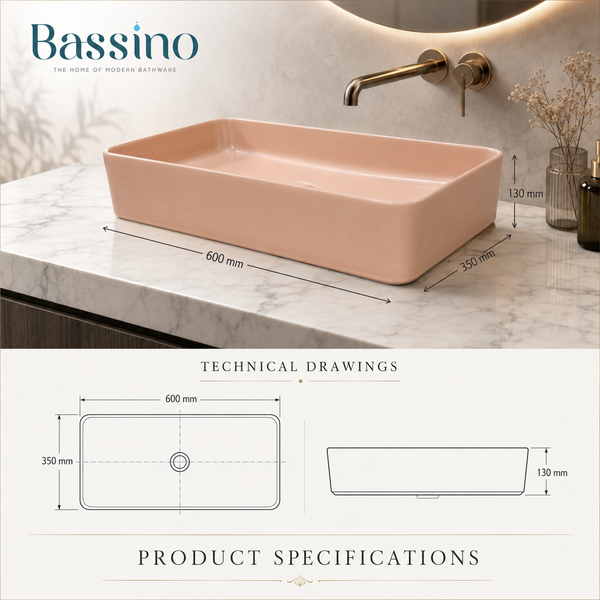 Bassino 24" Matte Pink Ceramic Countertop Wash Basin – Modern Rectangular Vessel Sink (24" x 14" x 5")