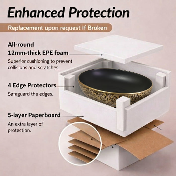 Premium Designer Ceramic Table Top Wash Basin, Matt Black with Gold Pattern (20 x 16 x 5.5 In) EQP-1047